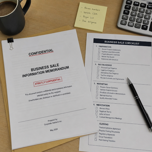 confidential business sale documents and checklist on a desk